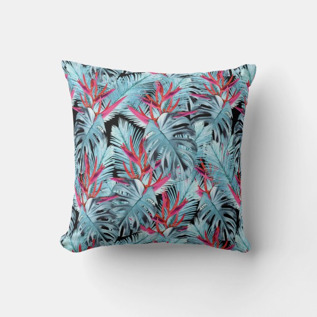 Red and blue tropical plants throw pillow (Front)