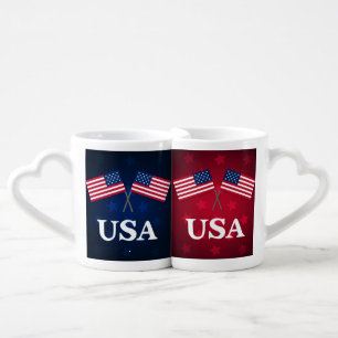 RED AND BLUE USA WITH AMERICAN FLAGS & STARS COFFEE MUG SET