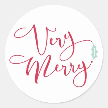 "red And Blue Very Merry Classic Round Sticker by HoorayCreative at Zazzle