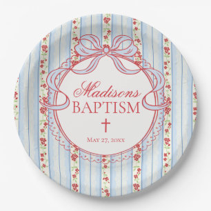 Red and Blue Vintage Fancy Floral Baptism Paper Plates