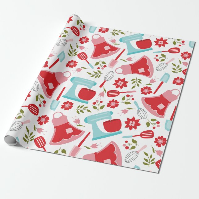 Red and Blue Vintage Kitchen Pattern Wrapping Paper (Unrolled)