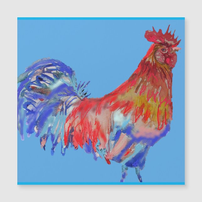 Red and Blue Watercolour Rooster Fridge Magnet (Front)