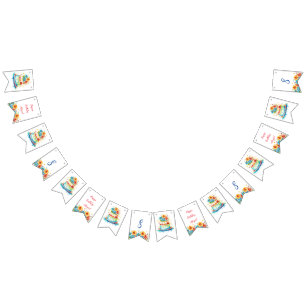 Red and Blue Whimsical Birthday Cake Age and Name Bunting Flags