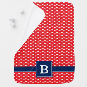 Red and Blue Whimsical Whales Pattern Monogram Baby Blanket