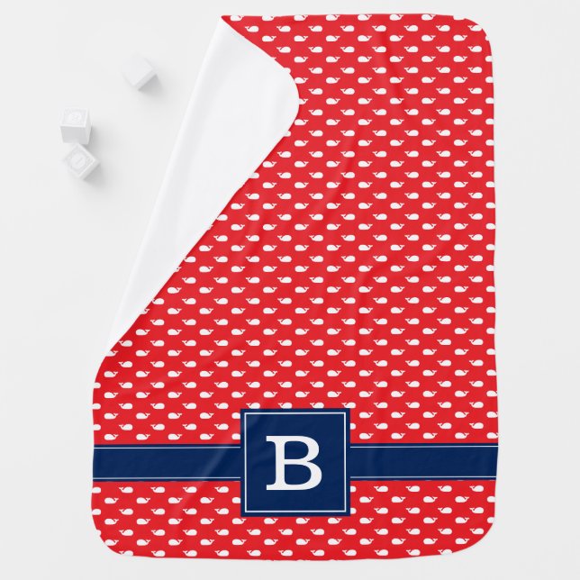 Red and Blue Whimsical Whales Pattern Monogram Baby Blanket (In Situ)