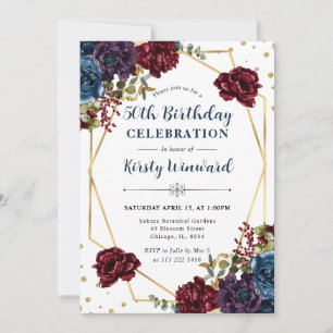 Red and Blue Winter Flowers Frame 50th Birthday Invitation
