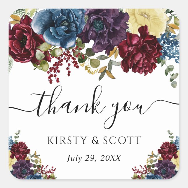 Red and Blue Winter Flowers Wedding Square Sticker (Front)