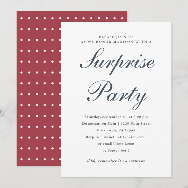 Red and Blue with White Polka Dots Surprise Party Invitation (Front/Back)