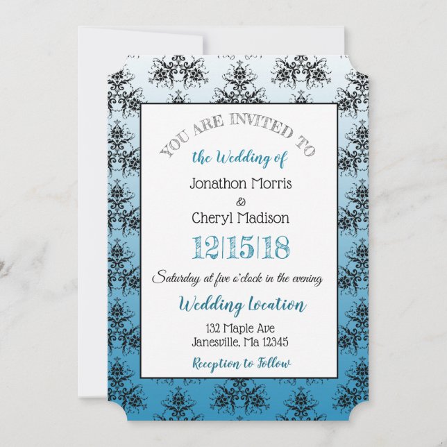 Red and BlueDamask Wedding Invitations (Front)