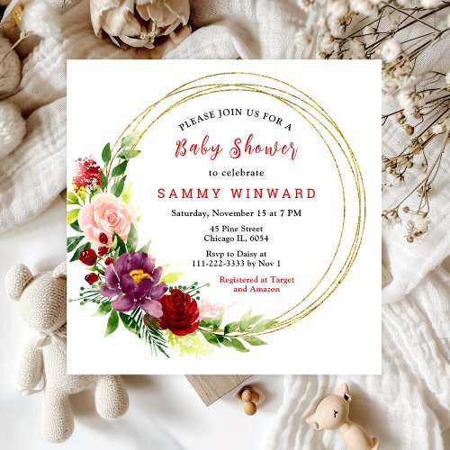 Red and Blush Pink Floral Baby Shower Invitation