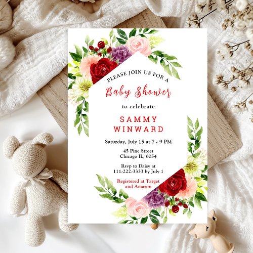 Red and Blush Pink Floral Baby Shower Invitation