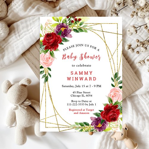 Red and Blush Pink Floral Baby Shower Invitation