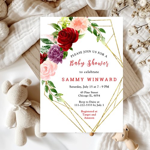 Red and Blush Pink Floral Baby Shower Invitation