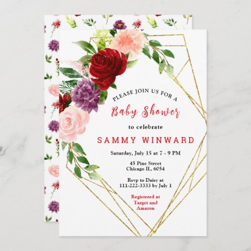 Red and Blush Pink Floral Baby Shower Invitation