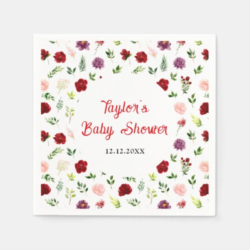 Red and Blush Pink Floral Baby Shower Napkins
