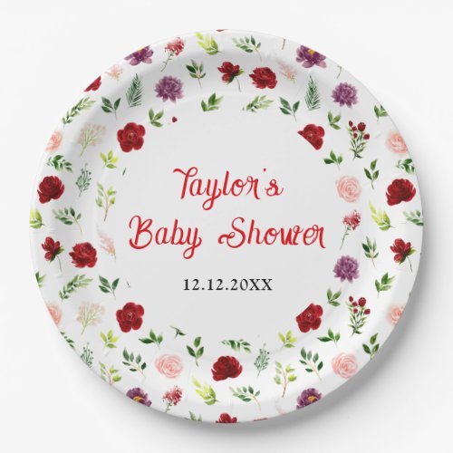 Red and Blush Pink Floral Baby Shower Paper Plates