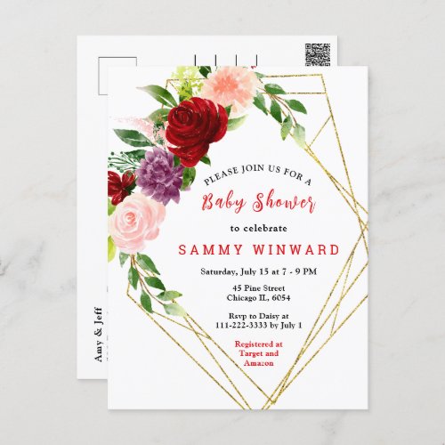 Red and Blush Pink Floral Baby Shower Postcard