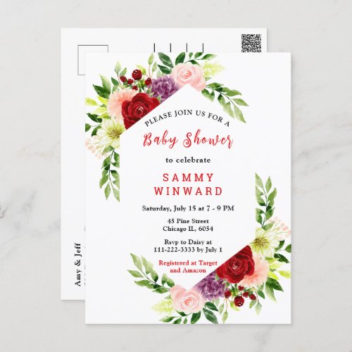 Red and Blush Pink Floral Baby Shower Postcard