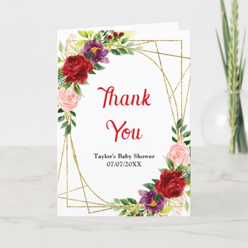 Red and Blush Pink Floral Baby Shower Thank You Card