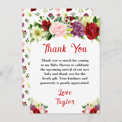 Red and Blush Pink Floral Baby Shower Thank You Card