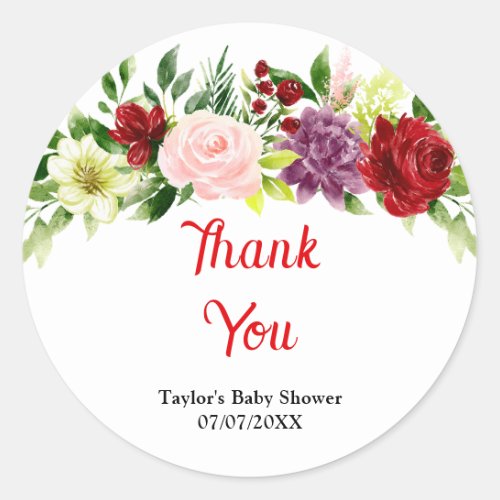 Red and Blush Pink Floral Baby Shower Thank You Classic Round Sticker