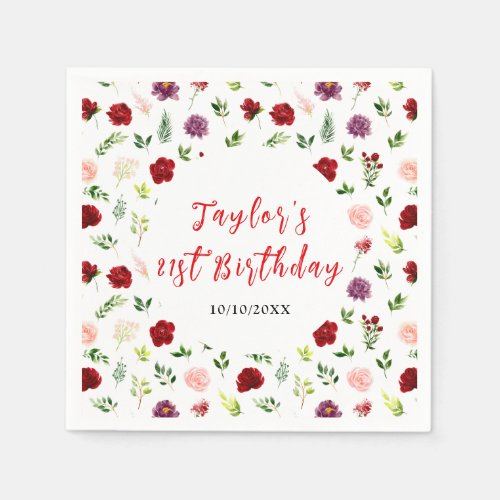 Red and Blush Pink Floral Birthday Napkins