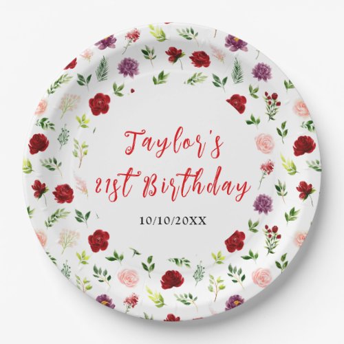 Red and Blush Pink Floral Birthday Paper Plates