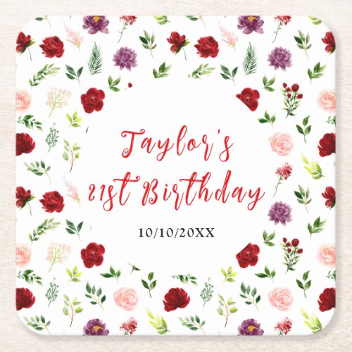 Red and Blush Pink Floral Birthday Square Paper Coaster