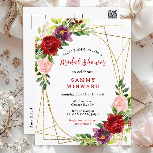 Red and Blush Pink Floral Bridal Shower Postcard