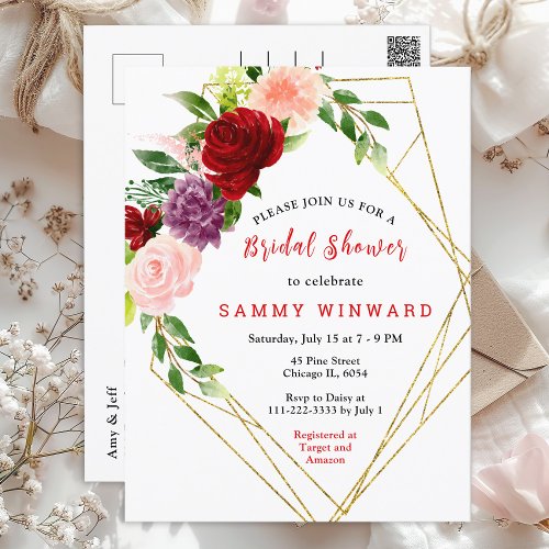 Red and Blush Pink Floral Bridal Shower Postcard