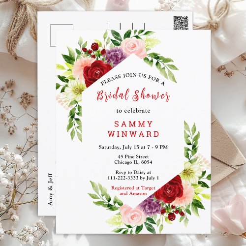 Red and Blush Pink Floral Bridal Shower Postcard