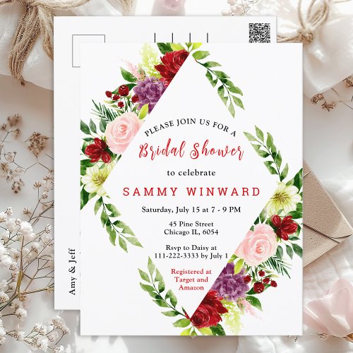 Red and Blush Pink Floral Bridal Shower Postcard