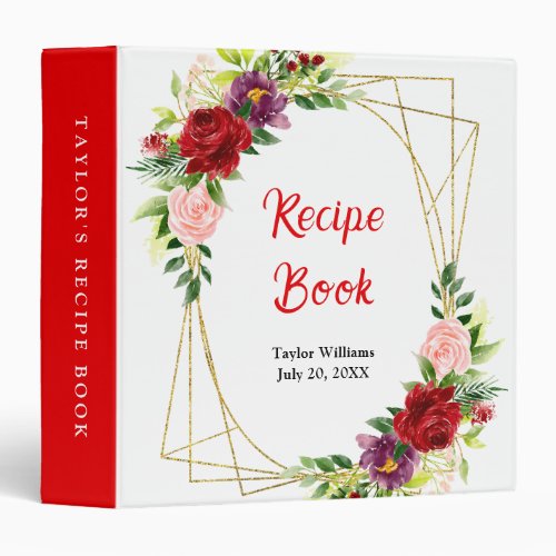 Red and Blush Pink Floral Recipe Book 3 Ring Binder