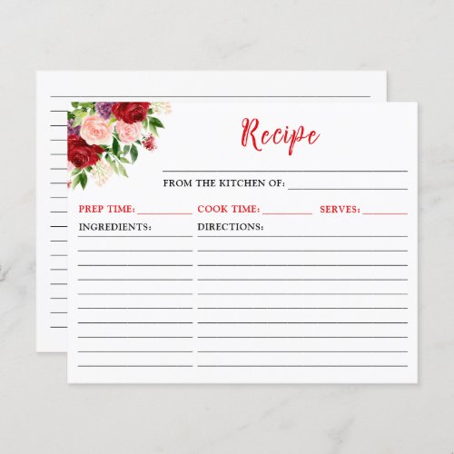 Red and Blush Pink Floral Recipe Card