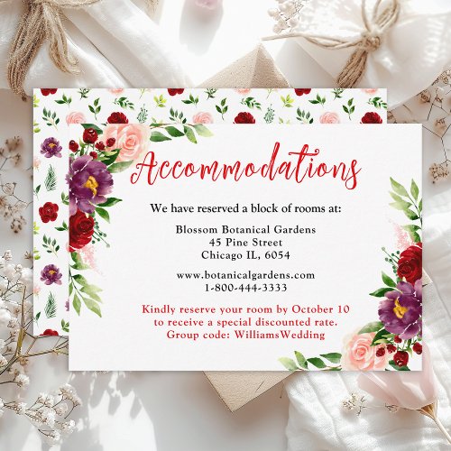 Red and Blush Pink Floral Wedding Accommodations Enclosure Card