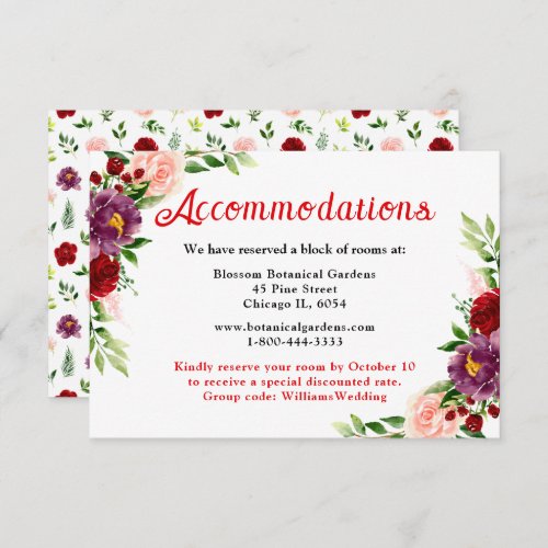 Red and Blush Pink Floral Wedding Accommodations Enclosure Card