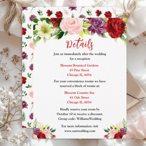 Red and Blush Pink Floral Wedding Details Enclosure Card