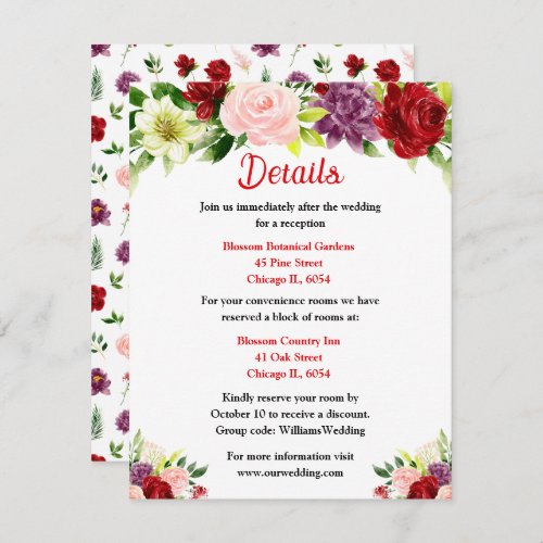 Red and Blush Pink Floral Wedding Details Enclosure Card