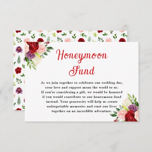 Red and Blush Pink Floral Wedding Honeymoon Fund Enclosure Card