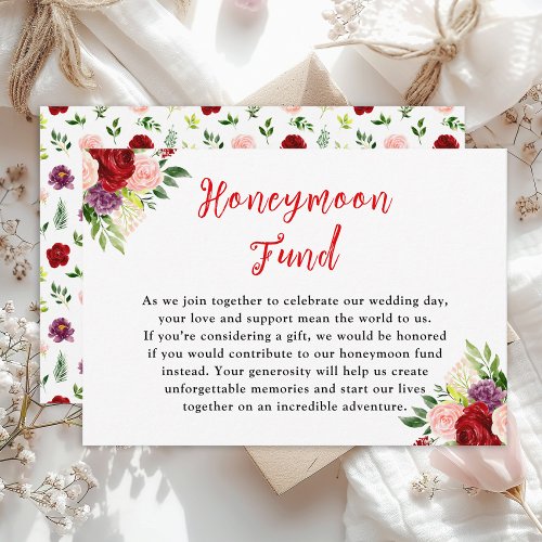 Red and Blush Pink Floral Wedding Honeymoon Fund Enclosure Card