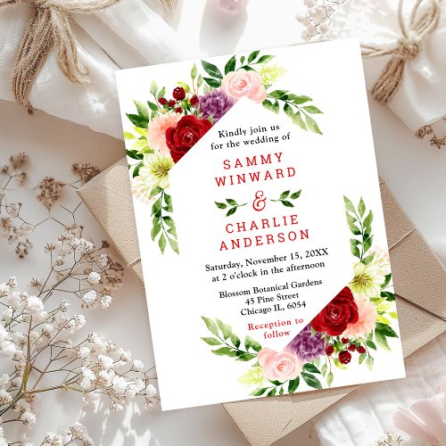 Red and Blush Pink Floral Wedding Invitation