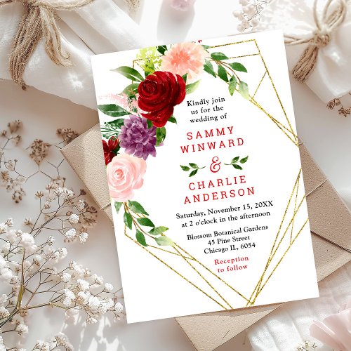 Red and Blush Pink Floral Wedding Invitation