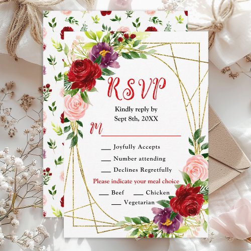 Red and Blush Pink Floral Wedding Meal Choice RSVP Card