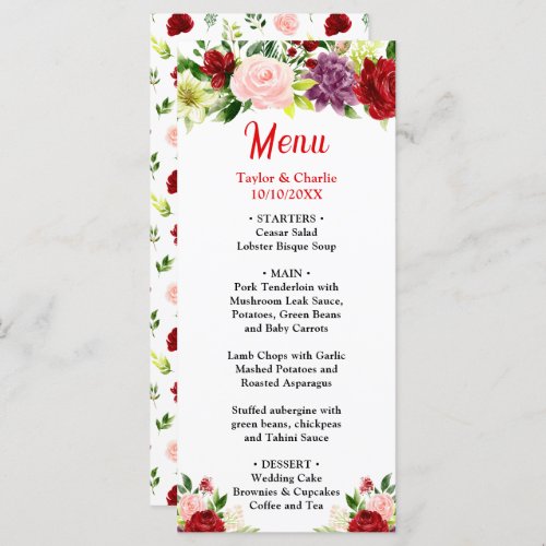 Red and Blush Pink Floral Wedding Menu