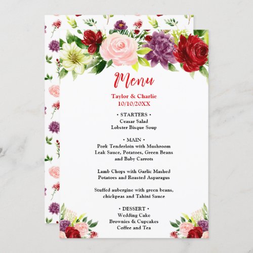 Red and Blush Pink Floral Wedding Menu