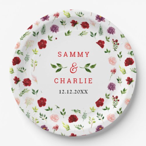 Red and Blush Pink Floral Wedding Paper Plates