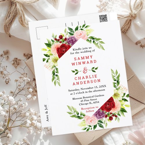 Red and Blush Pink Floral Wedding Postcard