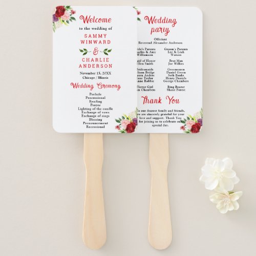 Red and Blush Pink Floral Wedding Program Hand Fan