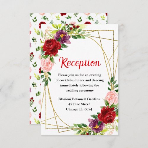 Red and Blush Pink Floral Wedding Reception Enclosure Card