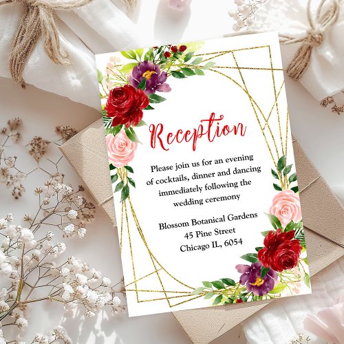 Red and Blush Pink Floral Wedding Reception Enclosure Card